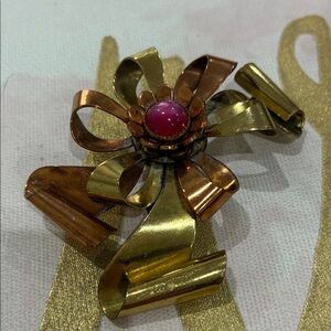 Vintage Gold and Bronze Ribbon Brooch with Pink Center